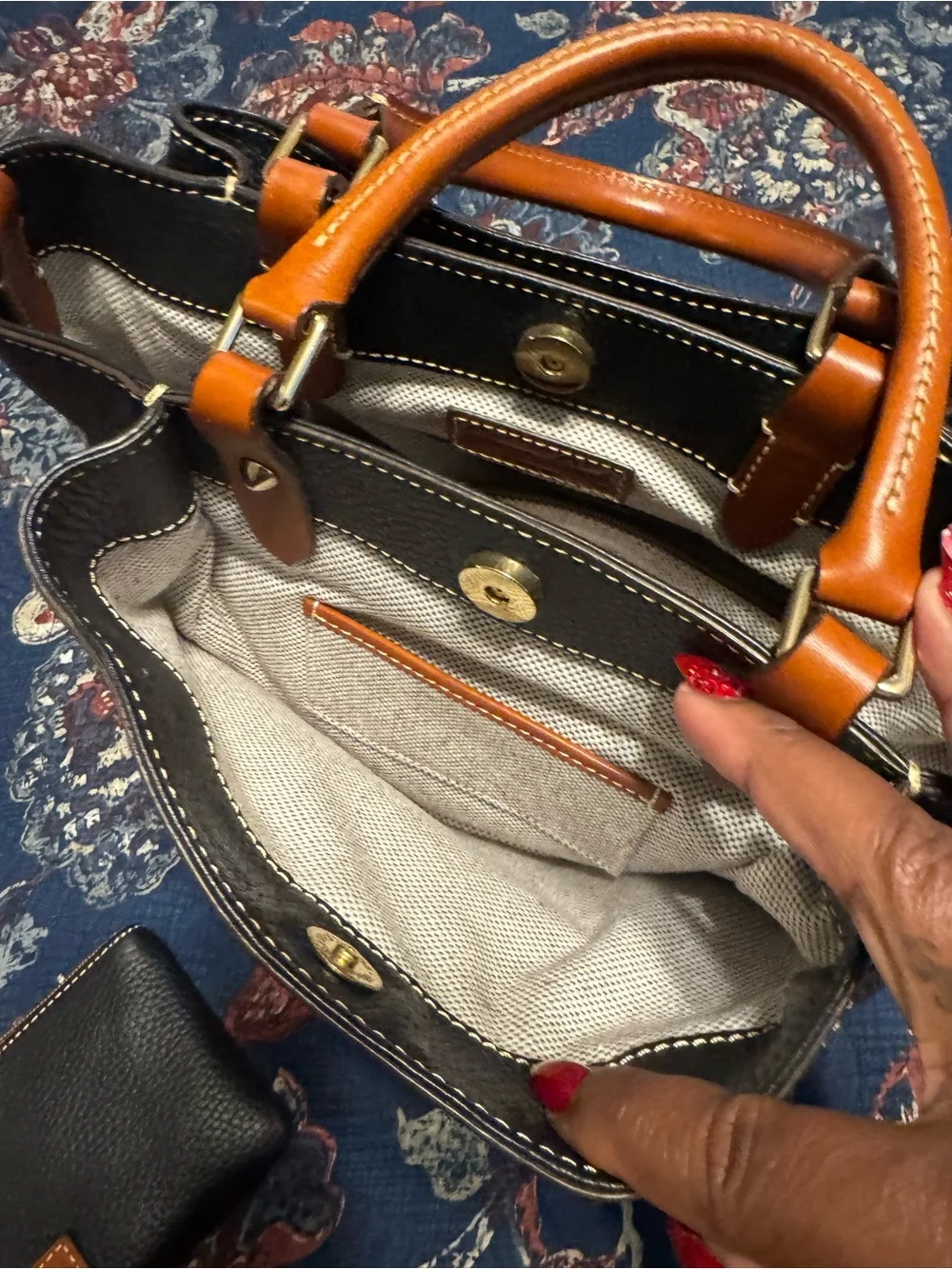 Dooney & Bourke Black Pebbled Leather Satchel with Brown Trim